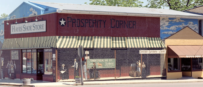 The exterior of Hayes Shoe Store is covered with the Prosperity Corner Mural.  Inside, you will find a couple of more "really big attractions."