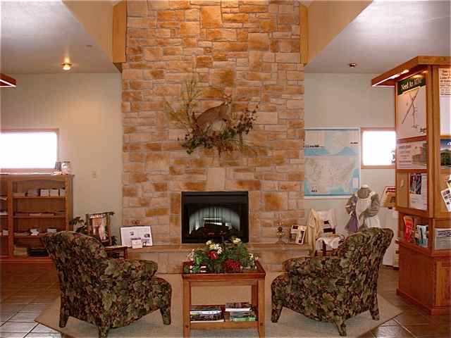 Travelers can take a break in the fireplace area.