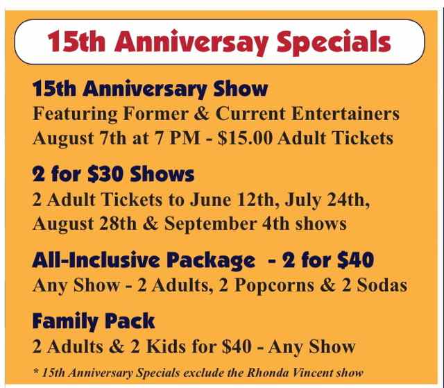 Meramec Music Theatre announces specials for anniversary.