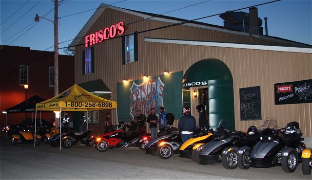 The distinctive Spyder bikes attracted attention outside Frisco's.