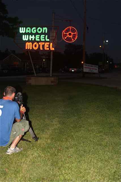 The British Crew filmed the iconic Wagon Wheel sign at night.