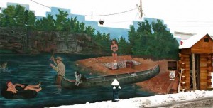 River mural in December snow Cuba, Missouri