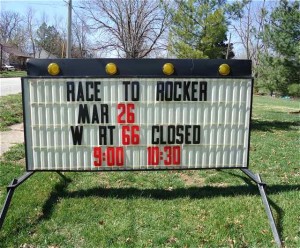 Road closure sign for the Route 66 Race to the Rocker