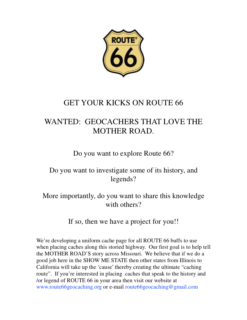 Route 66 geocache flyer