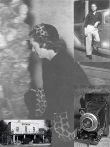 The photo shows a young Wilbur Vaughn, his photo of Bette Davis, his camera that he used, and the Southern Hotel as it was during the visit by Bette Davis.