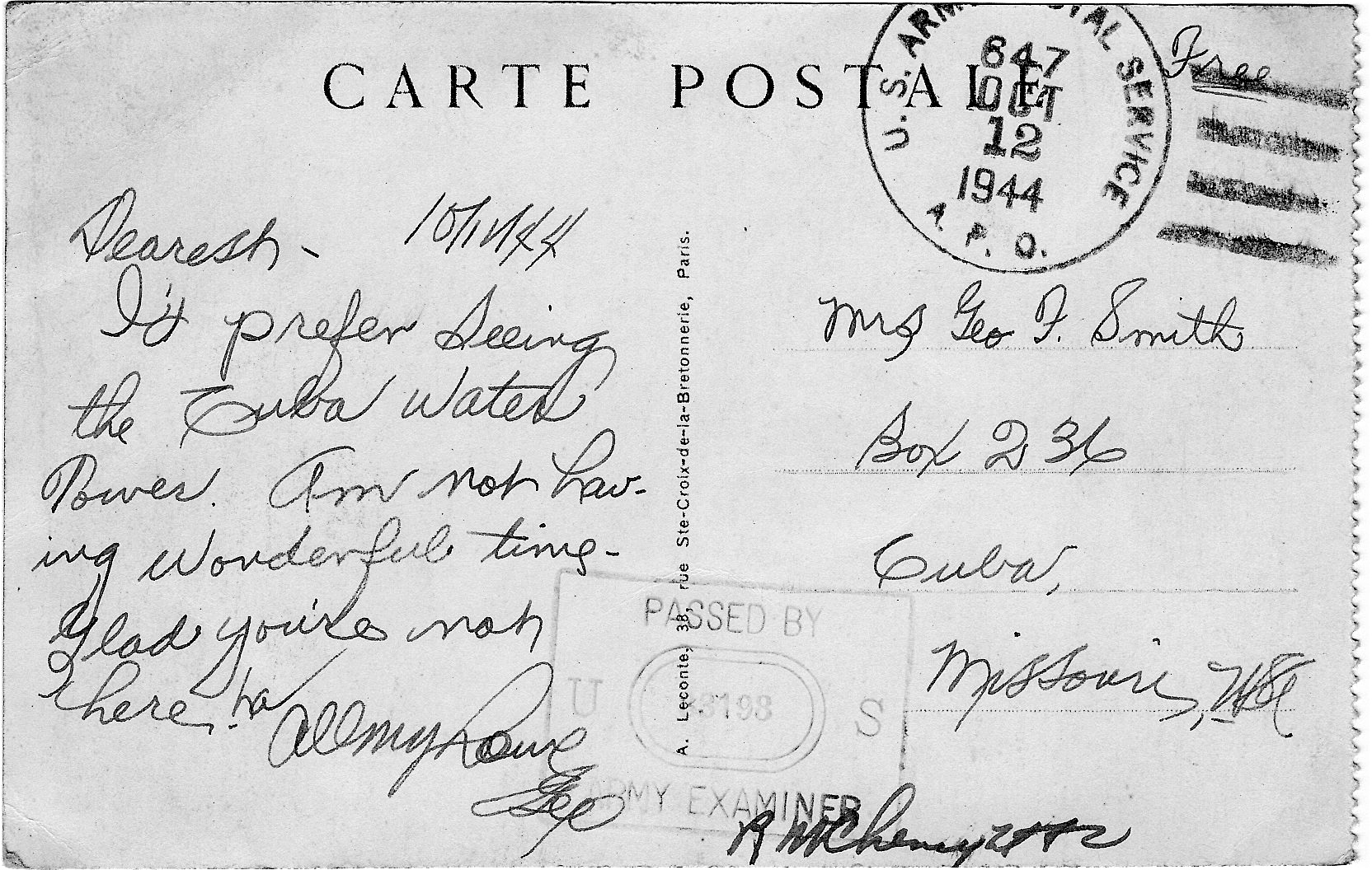 WWII Postcard from Paris, France