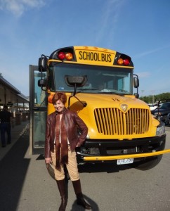 Amelia Earhart (Jill Barnett) came along on this Yellow School Bus Tour in Cuba, MO.